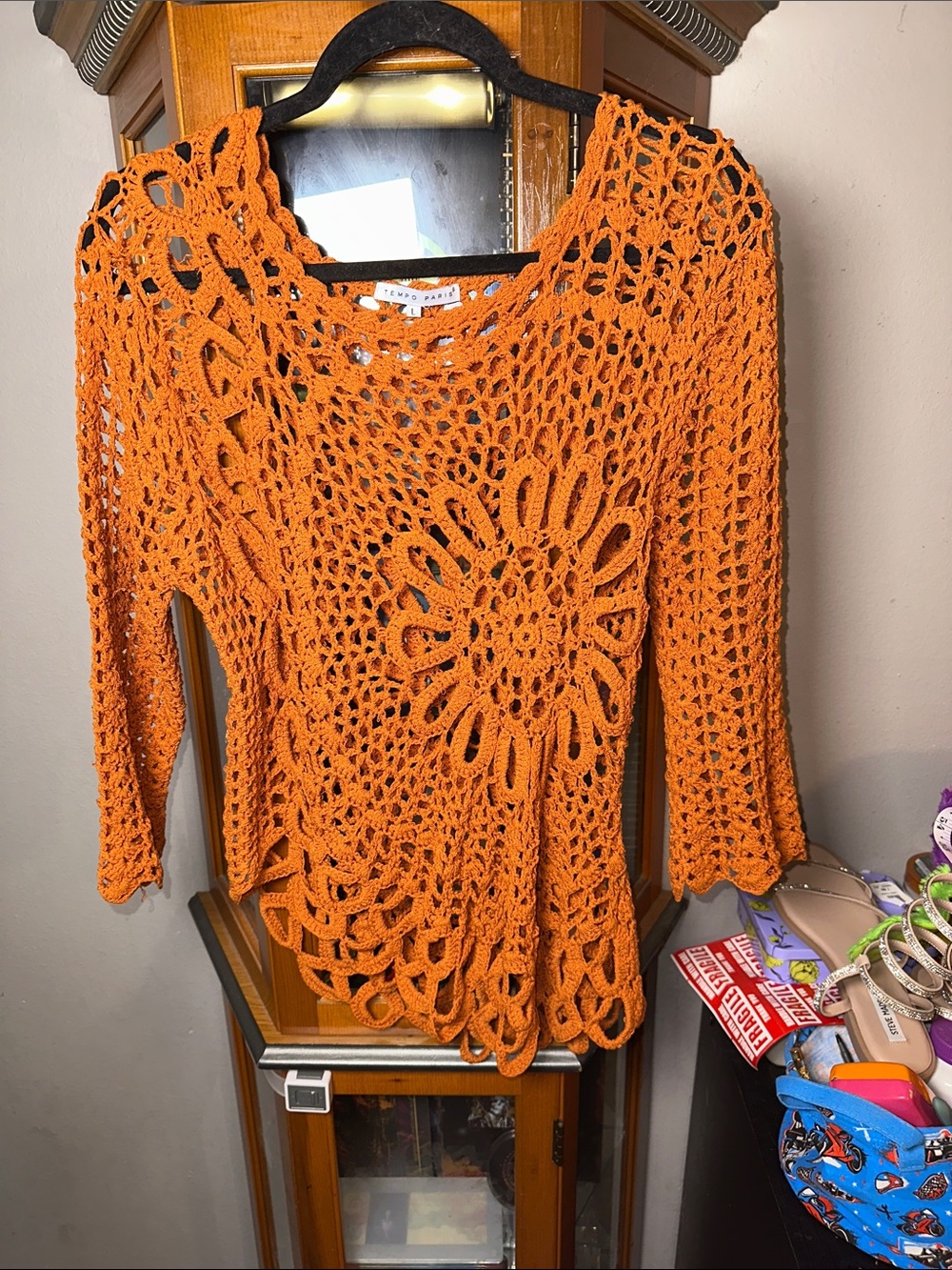 Tempo Paris Orange Crochet Open-Knit Floral Sweater